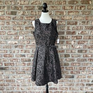 Nine West Black Cameo Lace Print Sleeveless Fully Lined Belted Dress Sz 12 NWT